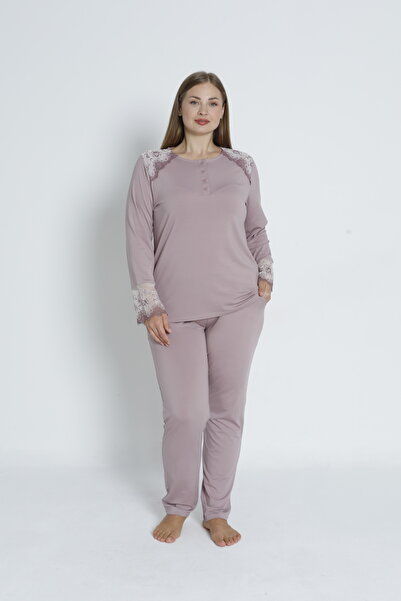 Cotpark Women's Plus Size Cotton Stretch Fabric Long Sleeve Pajama Set -Coffee 30107-B