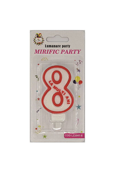 Mirific Party Cake candle, white and red, 7 cm, number 8