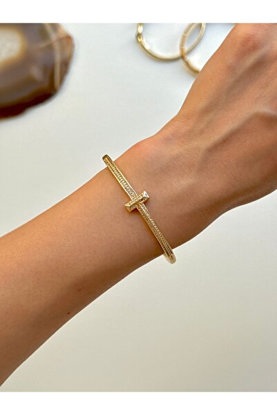 GUNESTAKI 316L Çelik VIP SERİ 14K Altın Renk Minimal Taşlı Kelepçe Bilezik Ka...