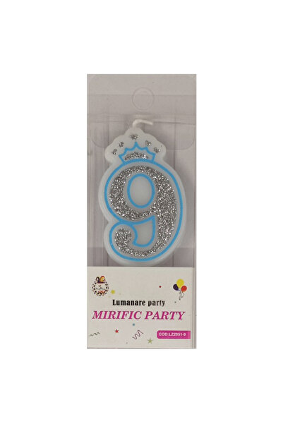 Mirific Party Blue and silver glitter cake candle, 6 cm, number 9