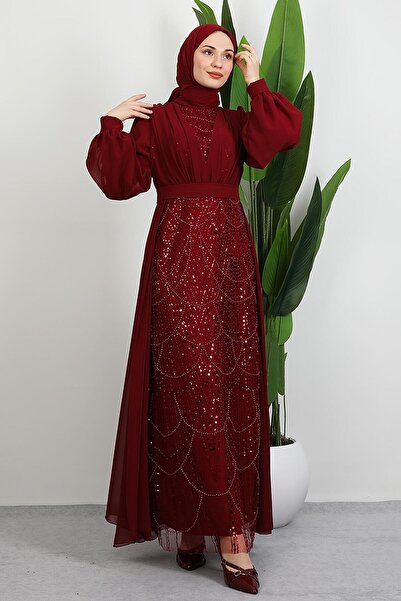 giz astore Yakamoz Taşlı Abiye Bordo