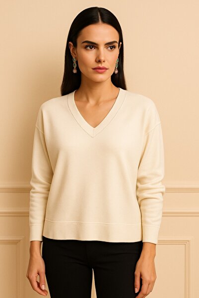 Okçu Triko Necklace Detail V-Neck Tricot-26K74021-Ekru-16