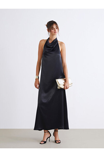 LC Waikiki Black Halter Neck Satin Evening Dress