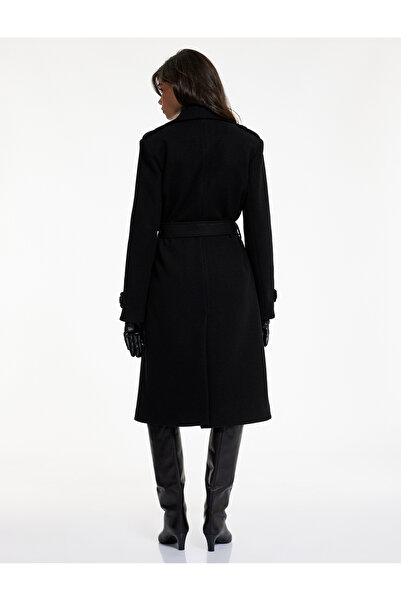Koton Long Sleeve Pocketed Buttoned Belted Long Double-Breasted Cashmere Coat