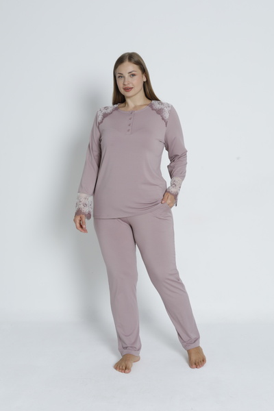Cotpark Women's Plus Size Cotton Stretch Fabric Long Sleeve Pajama Set -Coffee 30107-B