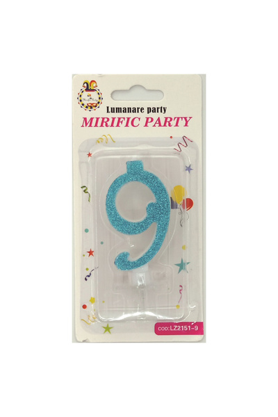 Mirific Party Blue glitter cake candle, 6 cm, number 9