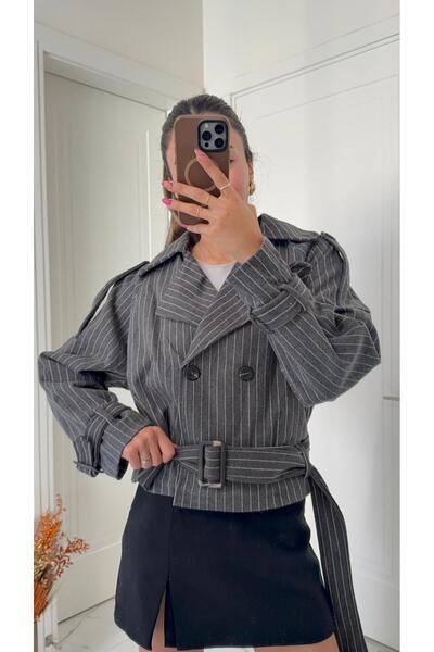 Solie Anthracite Striped Double-Breasted Collar Belted Jacket