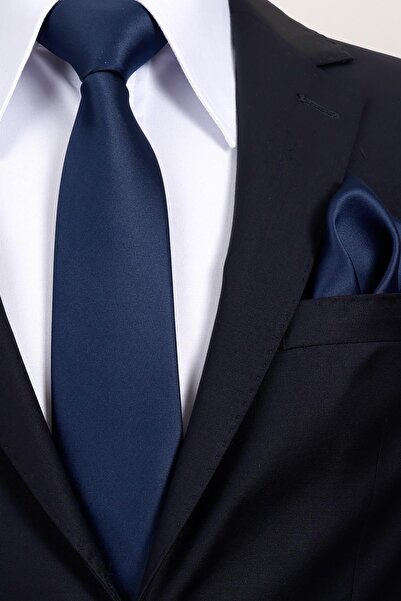 Esgue 8 cm Wide Navy Blue Satin Handkerchief Tie – Premium Men's Tie in Special Gift Box