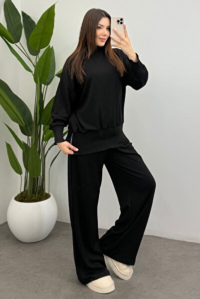 Ladima Women's Black Turtleneck Side Zipper Detailed Modal Suit