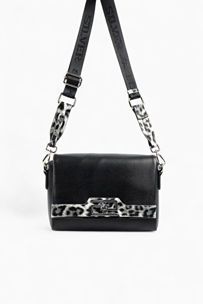 Silver Polo SP1257 Γυναικεία τσάντα χιαστί μονόχρωμη μαύρη-λεοπάρ γκρι