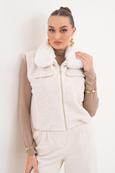 ŞİMAL Women's Furry Collar Zippered Plush Vest 255402 -