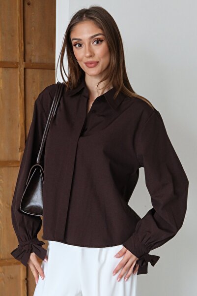 VAGGON Women's Bitter Brown Ribbon Detailed Oversized Shirt Vs01481