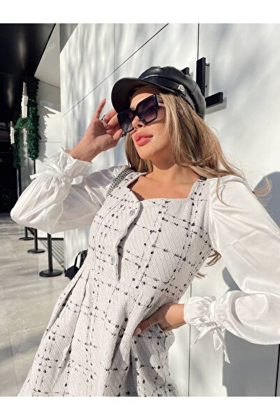 Siseniorita Tweed Mini Dress with Voluminous Satin Sleeves - Square Neckline and Pearl Buttons