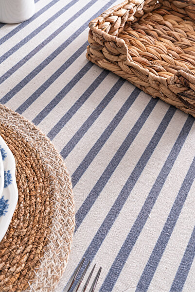 RUBİ PORSELEN Navy Blue Striped Linen Tablecloth 160X220 cm - Soft Textured