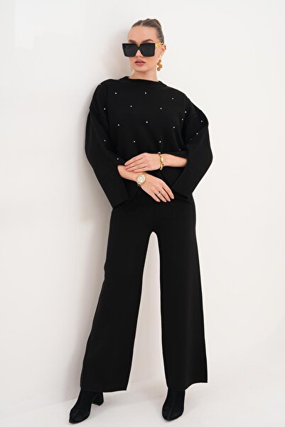 ŞİMAL Women's Stoned Wide Leg Pants Knitwear Knitted Set 255052 -