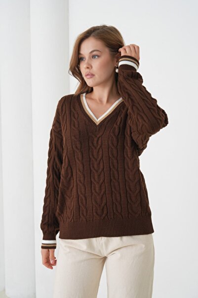 Noi Belis Hair Braid Detailed V-Neck Knitwear Sweater Aw25Kz0075