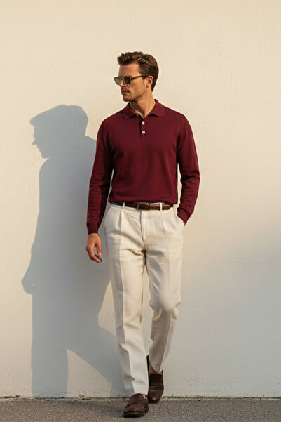 CHUBA Men's Polo Neck Buttoned Knitwear Sweater Claret Red 26W2012