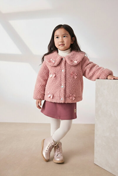 Minipodyum Peter Pan collar Girls' Plush Coat with Bow Detail and Buttons