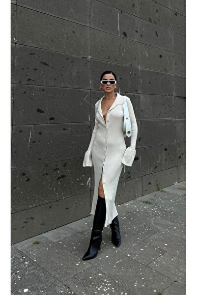 ForOus Cream Color Buttoned and Ribbed Detail Detachable Tricot Dress