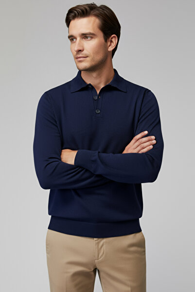 CHUBA Men's Polo Neck Buttoned Knitwear Sweater Navy Blue 26W2012