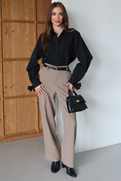 VAGGON Women's Black Ribbon Detailed Oversized Shirt Vs01481