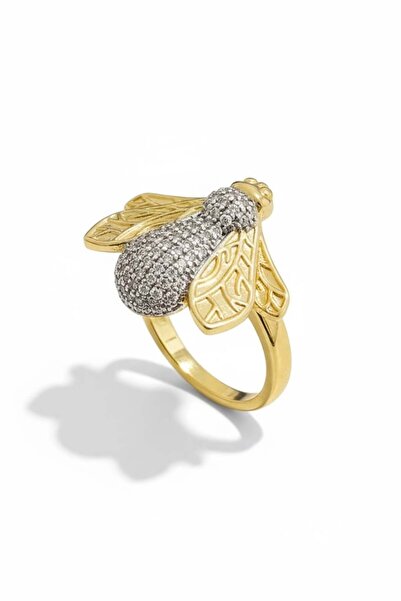 TAKIŞTIR Altın Ve Gümüş Renk Arı Figürlü 14K Altın Kaplama Ayarlanabilir Yüzük