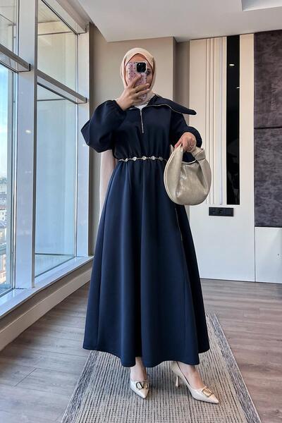 dubai showroom Yakası Geniş Skuba Elbise Lacivert