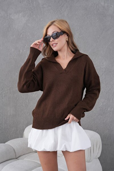 Noi Belis Basic Soft Textured Oversized Polo Neck Knitwear Sweater Aw25Kz0074