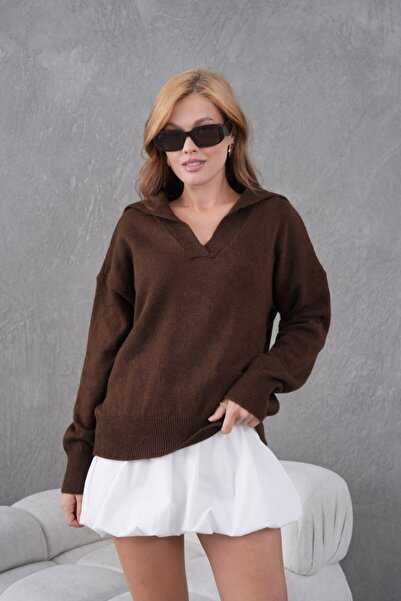 Noi Belis Basic Soft Textured Oversized Polo Neck Knitwear Sweater Aw25Kz0074
