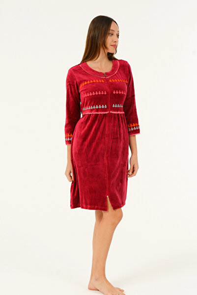İntensive Cotton Velvet Dress with Zipper Pocket and Embroidery Detail