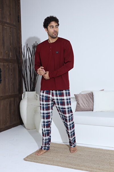 Serena Men's burgundy pajamas - button-down shirt with badge, long pants in white-blue-burgundy checkered pattern