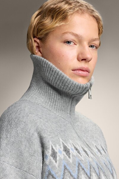 Oysho Jacquard print knit jacket with 10% wool