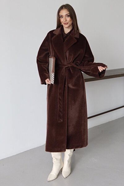 VAGGON Women's Bitter Brown Buttoned Belted Soft Coat Vs01476