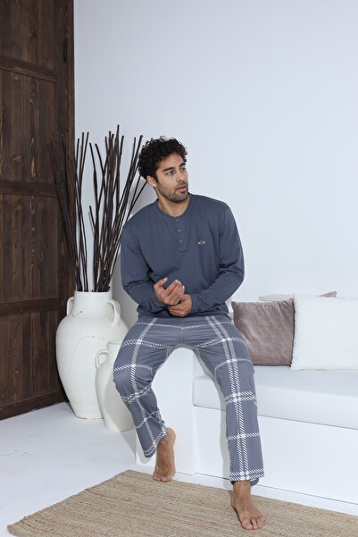 Serena Men's gray pajamas - button-down blouse with metallic detail, gray plaid long pants