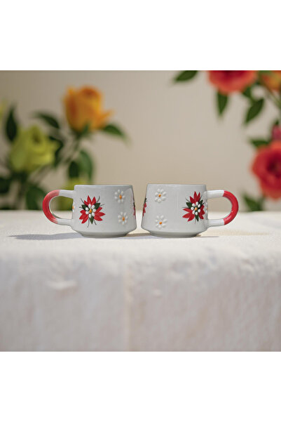 Çiporcal Classic Red Crocus Flower 2-Piece Mug Hand-Decorated Mug Cup Ceramic