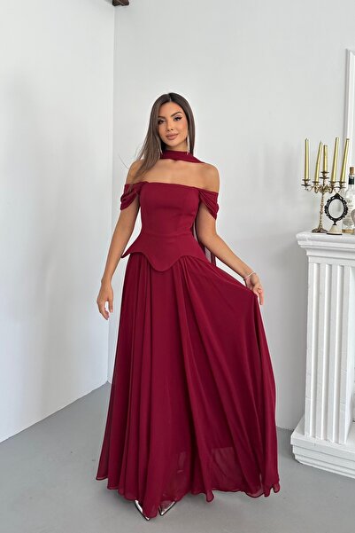 İyem Abiye Şallı Ve Takım Görünümlü Düşük Omuz Krep Şifonlu Abiye Elbise Dar ...