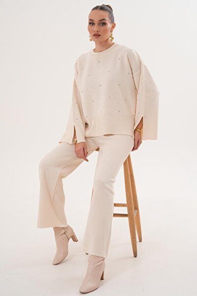ŞİMAL Women's Stoned Wide Leg Pants Knitwear Knitted Set 255052 -