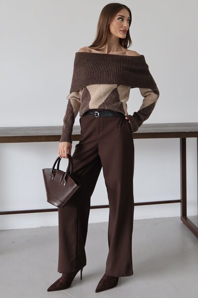 VAGGON Women's Brown Madonna Collar Patterned Knitwear Sweater Vs01475
