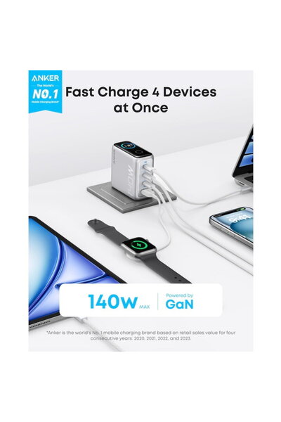 Anker Zolo 140W, Digital Display, 3x USB-C, 1x USB-A, PD 3.1, USB-C cable included, Silver