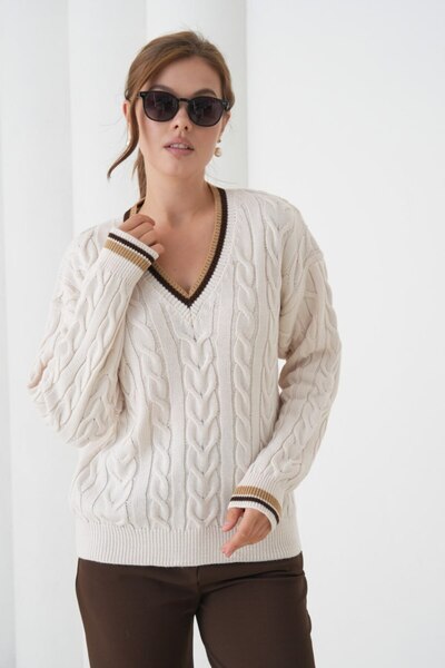 Noi Belis Hair Braid Detailed V-Neck Knitwear Sweater Aw25Kz0075