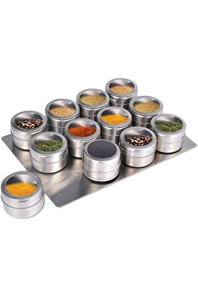 Mevis Line Set of 12 Magnetic Spice Containers, 100ml, with 120 Labels, Metal Rack and Marker, Transparent Lids