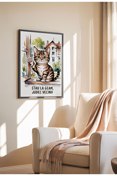 21mxm Unframed Cat Quote Canvas Poster in Romanian - Digital Print - I'm Sitting at the Window, Judging the Neighbors