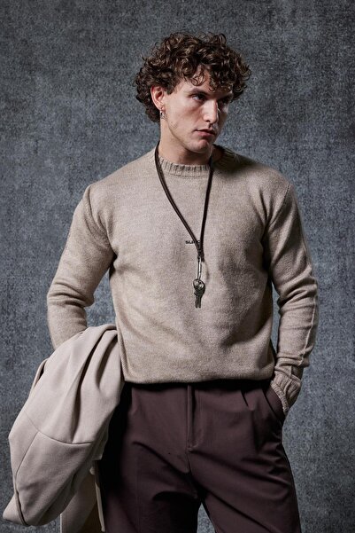 ablukaonline Men's Regular Fit Crew Neck Sweater Stone Color