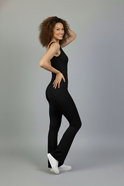 Evelora Black Women's Shaping / Sculpting Stretch Fabric Stylish Backless Flared Thick Strap Jumpsuit
