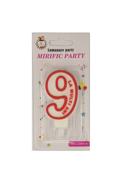 Mirific Party Cake candle white and red, 7 cm, number 9