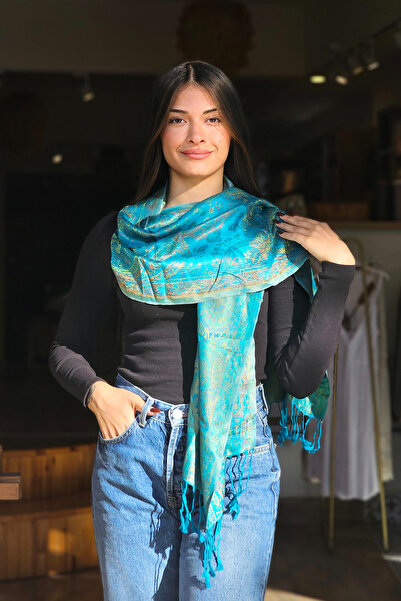 İpek Yeşil Jakarlı Fular