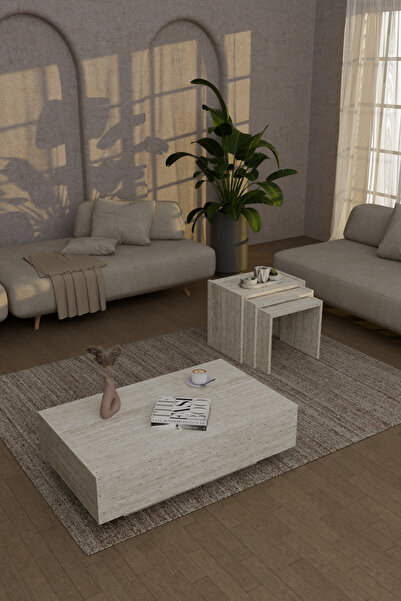 webotto 8 Nisay Dikdörtgen Orta Sehpa ve 3'lü Zigon Sehpa Takımı Bohem Tarz M...