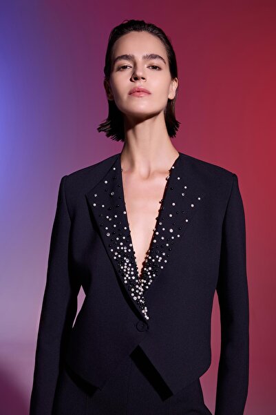 Jus De Pommes SİYAH TAŞ İŞLEMELİ KRUVAZE TEK DÜĞMELİ KADIN CEKET PANTOLON TAKIM