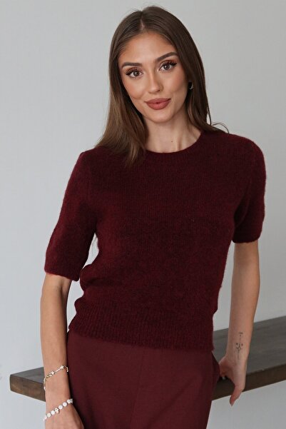 VAGGON Women's Burgundy Crew Neck Half Sleeve Knitwear Blouse Vs01474