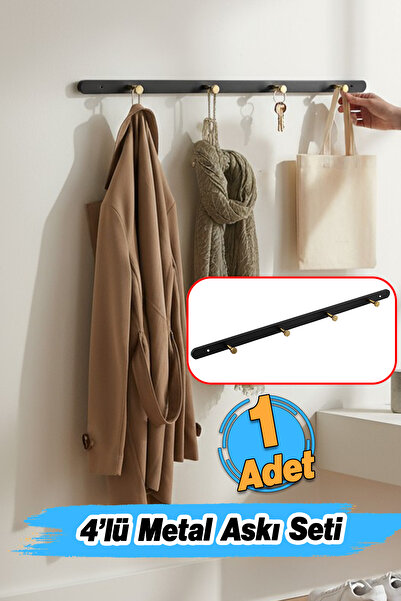 Badem10 Metal Siyah Gold 4'lü Birleşik Portmanto Vestiyer Anahtarlık Askısı Duvar Monteli Vidalı Elbise Asma